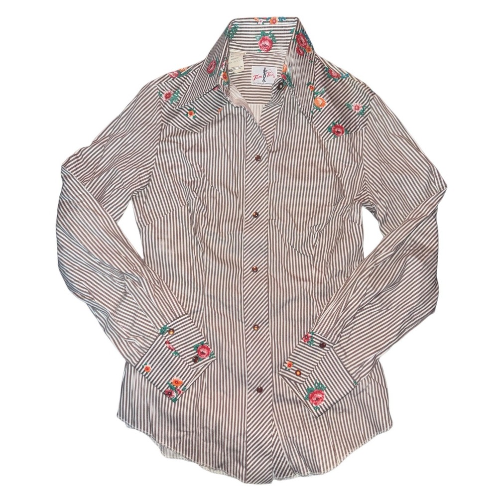 Tem-Tex Women's VTG 1971 Western Shirt Size 32 Floral Pearl Snap Red Stripes NWT